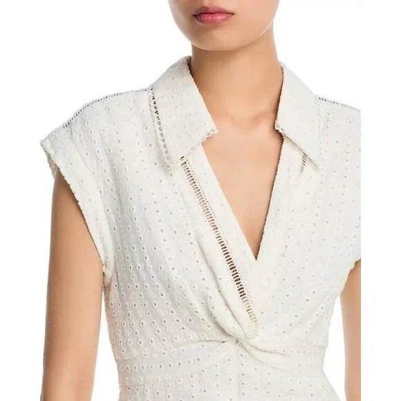 Alice + Olivia Mila Eyelet Deep V-Neck Mini Dress Off White Size 4 NWT - Picture 4 of 7